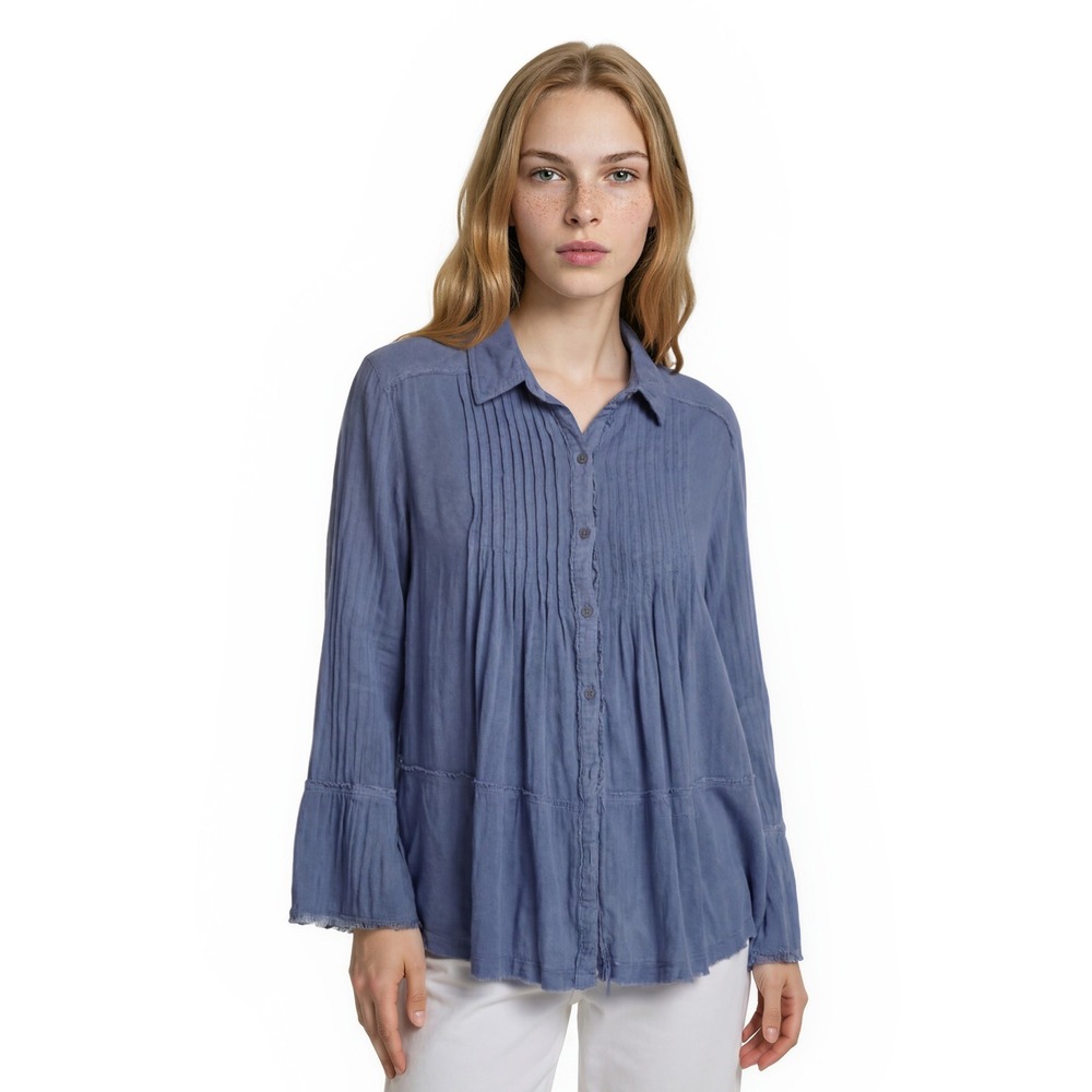 Free People Tunic Top Womens Size Small Periwinkle Blue Pleated Bell Sleeve
